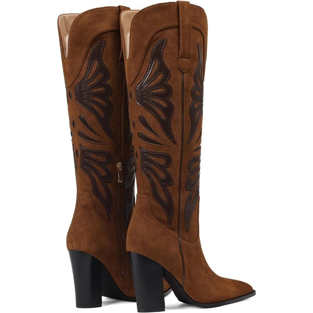 Women's Brown Pointed Toe Chunky High Heels Cowgirl Wide Calf Knee High Boots - Picture 7 of 7